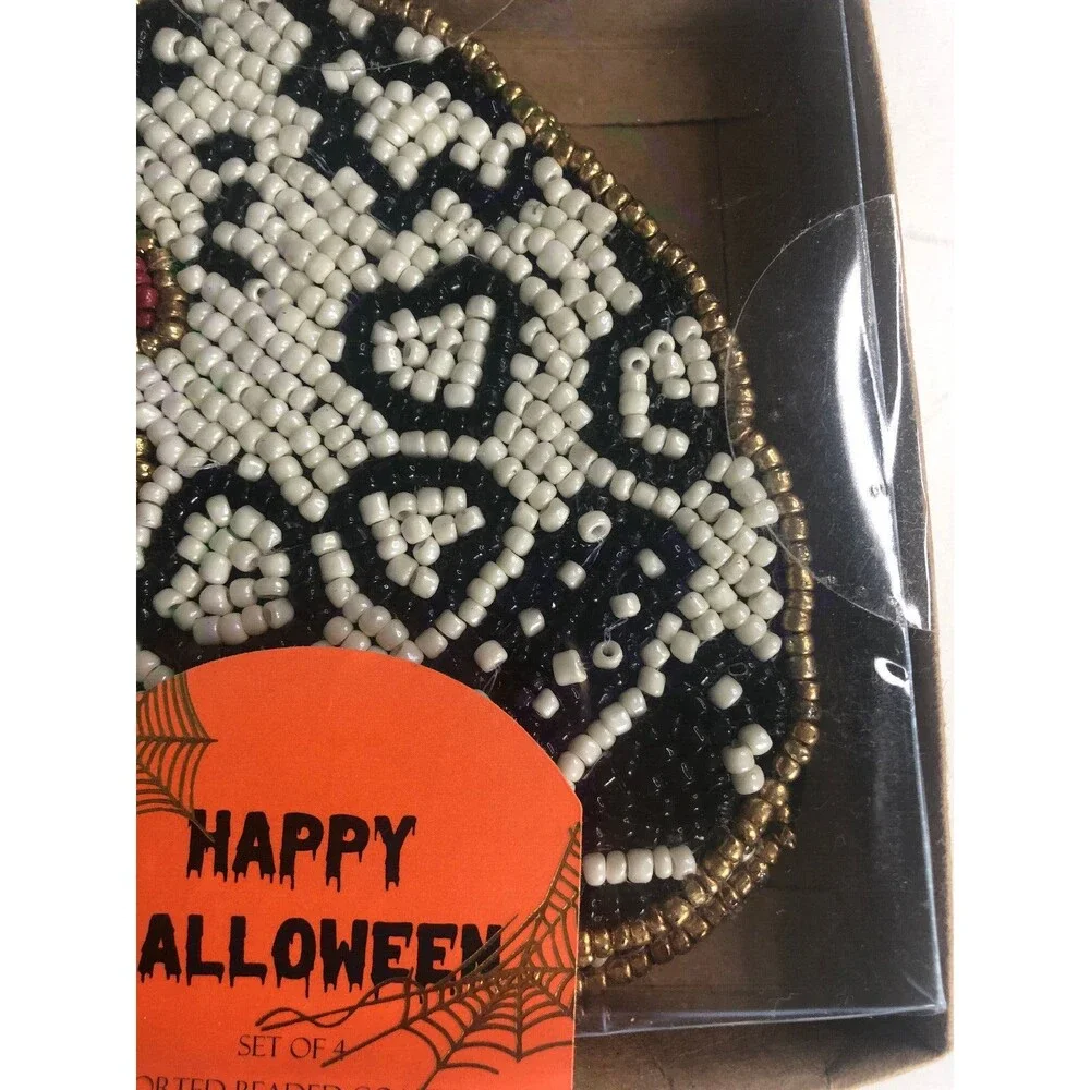 Halloween Skull Drink Coasters Set of 4 White Gold Beaded Satin Backed Gothic